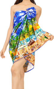 Royal Blue Non-Sheer Beach Wrap For Women with Beach View Print