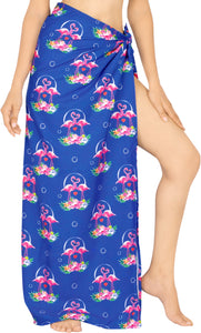 Royal Blue Non-Sheer Beach Wrap For Women with Allover Flamingo and Floral Print