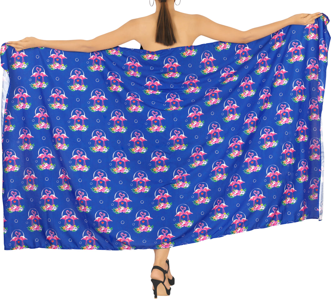 Royal Blue Non-Sheer Beach Wrap For Women with Allover Flamingo and Floral Print