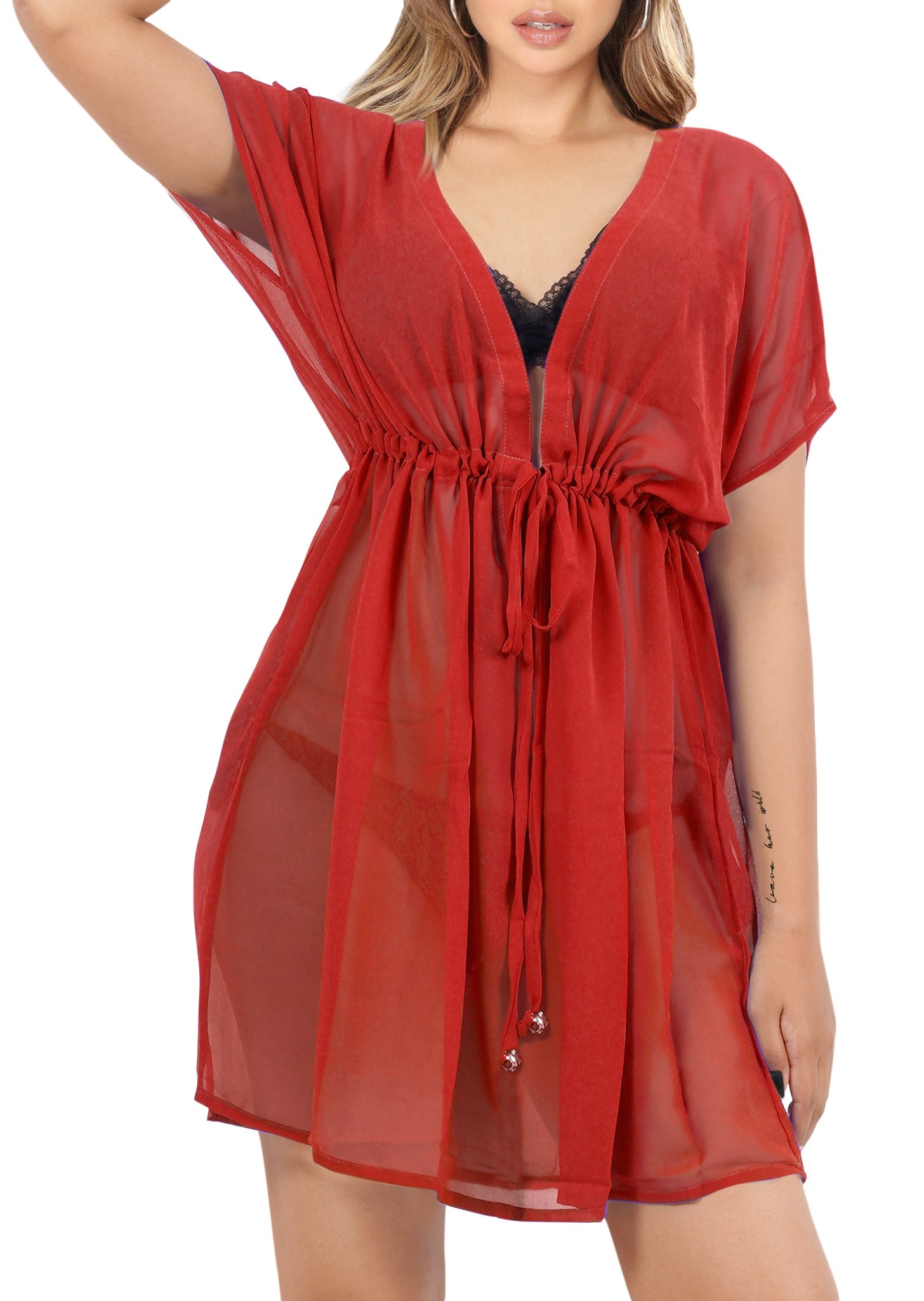 Effortless Elegant Red Sheer Solid V-Neck Beach Cover up For Women P05108 Effortless Elegant Red Sheer Solid V-Neck Beach Cover up For Women P05108