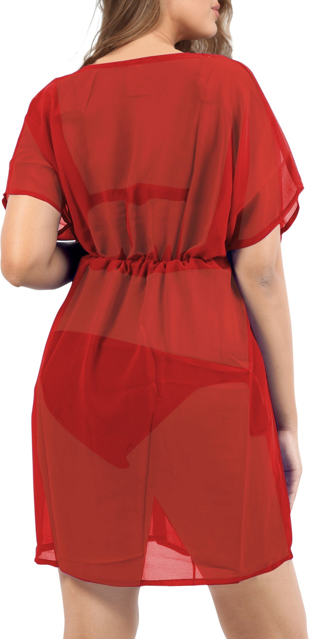 Effortless Elegant Red Sheer Solid V-Neck Beach Cover up For Women P05108 Effortless Elegant Red Sheer Solid V-Neck Beach Cover up For Women P05108