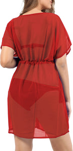 Effortless Elegant Red Sheer Solid V-Neck Beach Cover up For Women