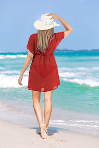 Effortless Elegant Red Sheer Solid V-Neck Beach Cover up For Women