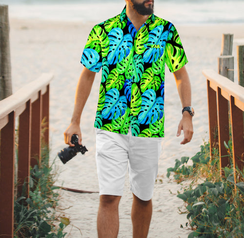 Allover Green and Blue Monstera Leaves Printed Hawaiian Shirts for Men