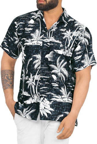 La Leela Men's Relax Tropical Island Palm Tree Hawaiian Shirt Black