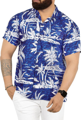 Royal Blue Tropical flower and Island View Printed Hawaiian Beach Shirts For Men
