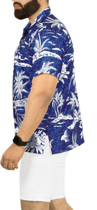 Royal Blue Tropical flower and Island View Printed Hawaiian Beach Shirts For Men