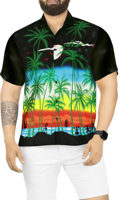 La Leela Men's Relax Tropical Beach View Palm Tree Hawaiian Shirt Black