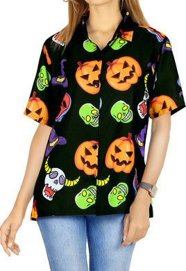 La Leela Halloween Women's Scary Pumpkin Dead Skull And Witch Hat Printed Black Shirt