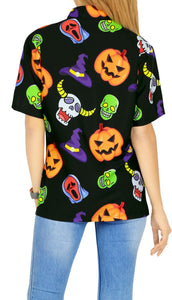 La Leela Halloween Women's Scary Pumpkin Dead Skull And Witch Hat Printed Black Shirt