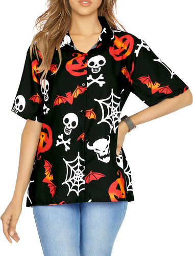 La Leela Halloween Women's Pumpkin Bat And Skull Cross Web Printed Black Shirt
