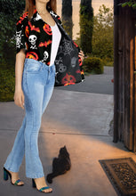 Load image into Gallery viewer, La Leela Halloween Women&#39;s Pumpkin Bat And Skull Cross Web Printed Black Shirt