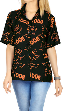 La Leela Halloween Women's Scary Pumpkin And BOO Printed Black Shirt