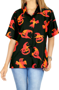 La Leela Halloween Women's Pumpkin And Ghost Printed Black Shirt