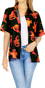 La Leela Halloween Women's Pumpkin And Ghost Printed Black Shirt