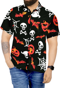 La Leela Halloween Men's Pumpkin Bat And Skull Cross Printed Black Shirt
