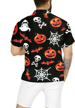 Load image into Gallery viewer, La Leela Halloween Men&#39;s Pumpkin Bat And Skull Cross Printed Black Shirt