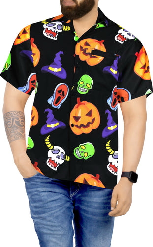 La Leela Men's Causal Halloween Scary Pumpkin Dead Skull And Witch Hat Printed Black Shirt