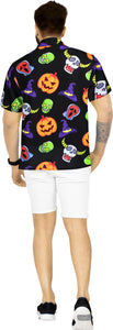 La Leela Men's Causal Halloween Scary Pumpkin Dead Skull And Witch Hat Printed Black Shirt