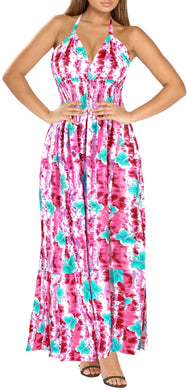 Pink and White Floral Printed Halter Neck Long Dress