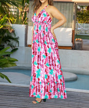Load image into Gallery viewer, Pink and White Floral Printed Halter Neck Long Dress