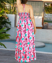 Load image into Gallery viewer, Pink and White Floral Printed Halter Neck Long Dress