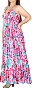 Pink and White Floral Printed Halter Neck Long Dress