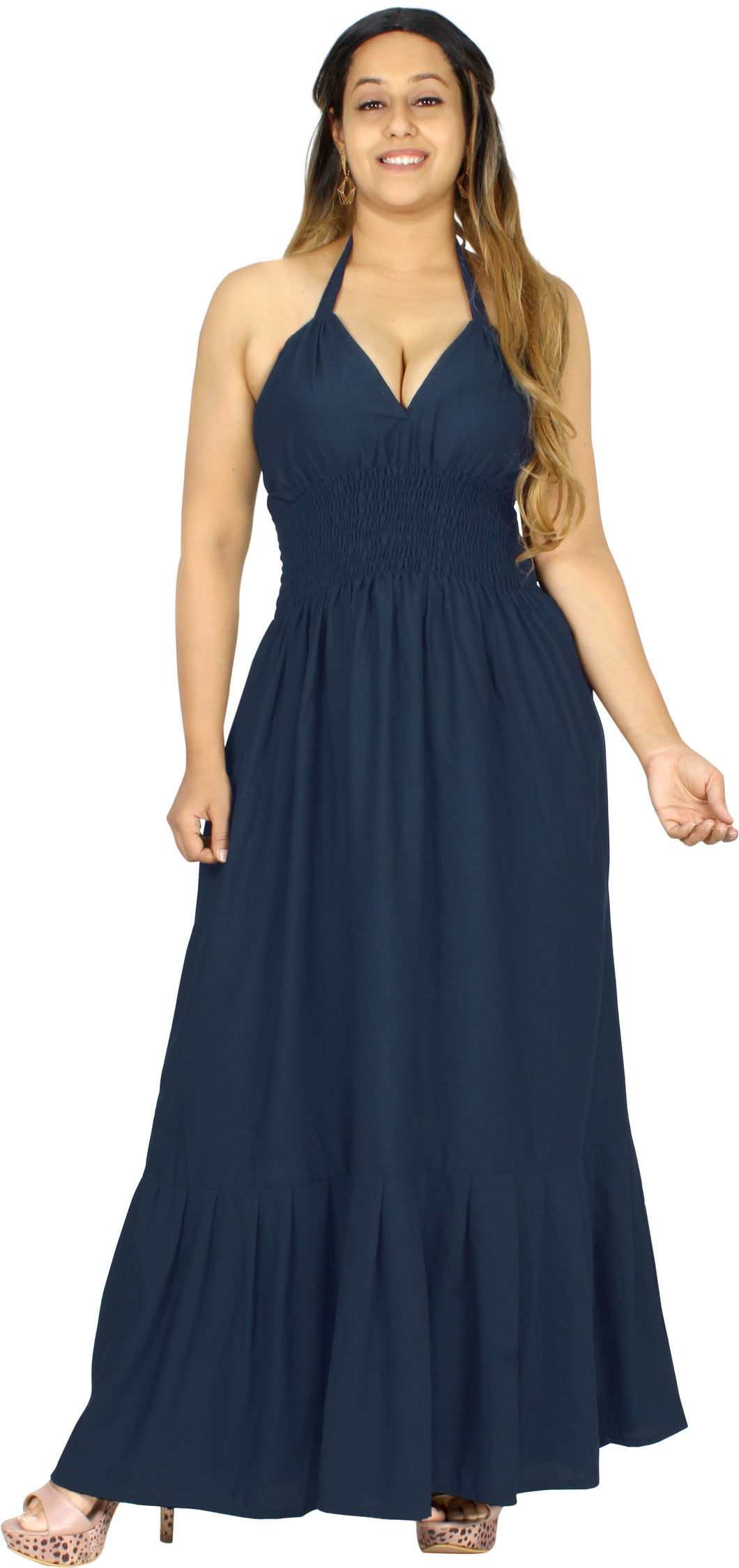 Solid Navy Blue Halter Neck Long Dress For Women