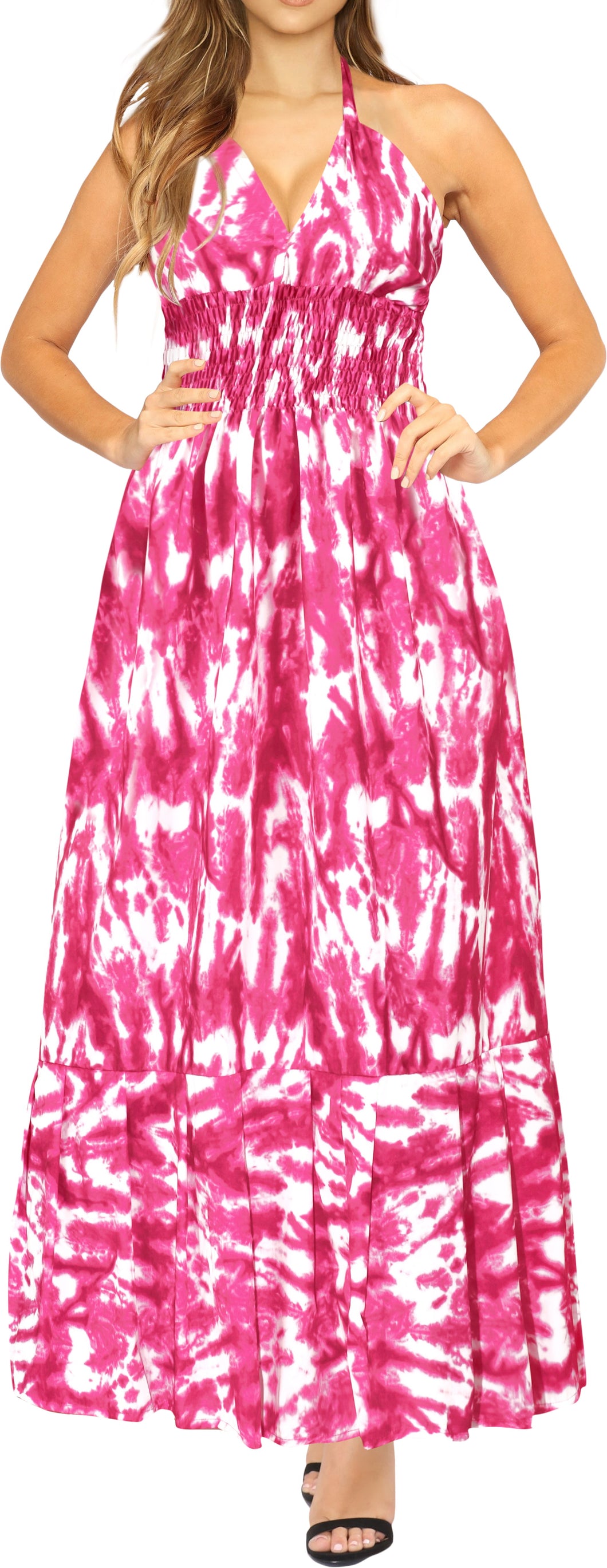 Effortless Elegance for Casual Chic Pink and White Tie Dye Halter Neck Long Dress