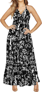 Allover Palm Tree Printed Black Halter Neck Long Maxi Dress