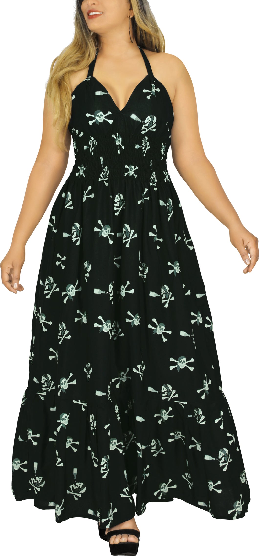 flowy pirate dress Pirate Skull And Crossbones Women's Casual Strappy V Neck Sleeveless Flowy Loose Long Maxi Beach Dress Sundress