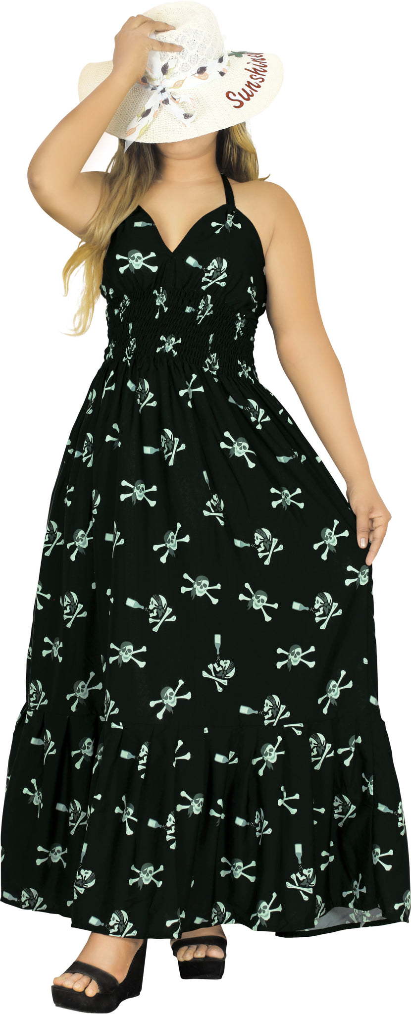 La Leela Women's Halloween Halter Neck Dead Skull Cross Pirate Print Black Color Long Flowy Dress | Beach Hawaiian Shirts, Sarongs, Dresses, Caftans, Kaftans, Cardigans, Kimonos for Men & Women La Leela Women's Halloween Halter Neck Dead Skull Cross Pirate Print Black Color Long Flowy Dress | Beach Hawaiian Shirts, Sarongs, Dresses, Caftans, Kaftans, Cardigans, Kimonos for Men & Women