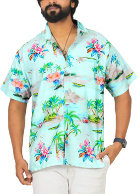 Blue Island Floral and Boat Printed Hawaiian Beach Shirt For Men