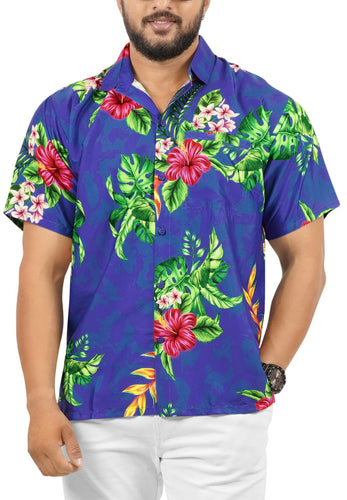 Royal Blue Hibiscus and Monstera Leaves Print Tropical Beach Shirts for Men