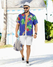 Load image into Gallery viewer, Royal Blue Hibiscus and Monstera Leaves Print Tropical Beach Shirts for Men