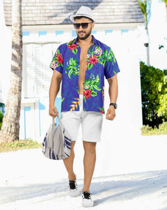 Royal Blue Hibiscus and Monstera Leaves Print Tropical Beach Shirts for Men