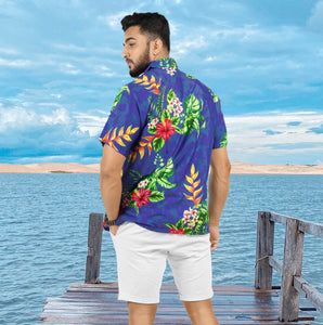 Royal Blue Hibiscus and Monstera Leaves Print Tropical Beach Shirts for Men