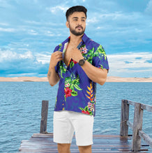 Load image into Gallery viewer, Royal Blue Hibiscus and Monstera Leaves Print Tropical Beach Shirts for Men