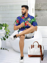 Load image into Gallery viewer, Royal Blue Hibiscus and Monstera Leaves Print Tropical Beach Shirts for Men