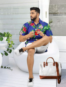 Royal Blue Hibiscus and Monstera Leaves Print Tropical Beach Shirts for Men