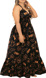La Leela Women's Halloween Halter Neck BOO Ghost and Bat Print Black Color Long Flowy Dress