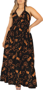 La Leela Women's Halloween Halter Neck BOO Ghost and Bat Print Black Color Long Flowy Dress