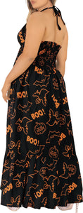 La Leela Women's Halloween Halter Neck BOO Ghost and Bat Print Black Color Long Flowy Dress