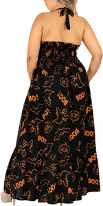 La Leela Women's Halloween Halter Neck BOO Ghost and Bat Print Black Color Long Flowy Dress