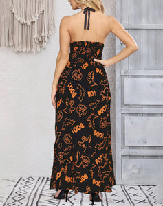 La Leela Women's Halloween Halter Neck BOO Ghost and Bat Print Black Color Long Flowy Dress