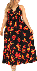 La Leela Women's Halloween Halter Neck Scary Pumpkin and Witch Hat Print Black Color Long Flowy Dress