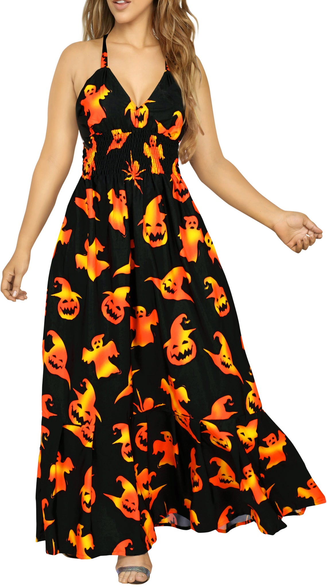 La Leela Women's Halloween Halter Neck Scary Pumpkin and Witch Hat Print Black Color Long Flowy Dress La Leela Women's Halloween Halter Neck Scary Pumpkin and Witch Hat Print Black Color Long Flowy Dress