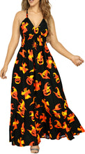 Load image into Gallery viewer, La Leela Women&#39;s Halloween Halter Neck Scary Pumpkin and Witch Hat Print Black Color Long Flowy Dress