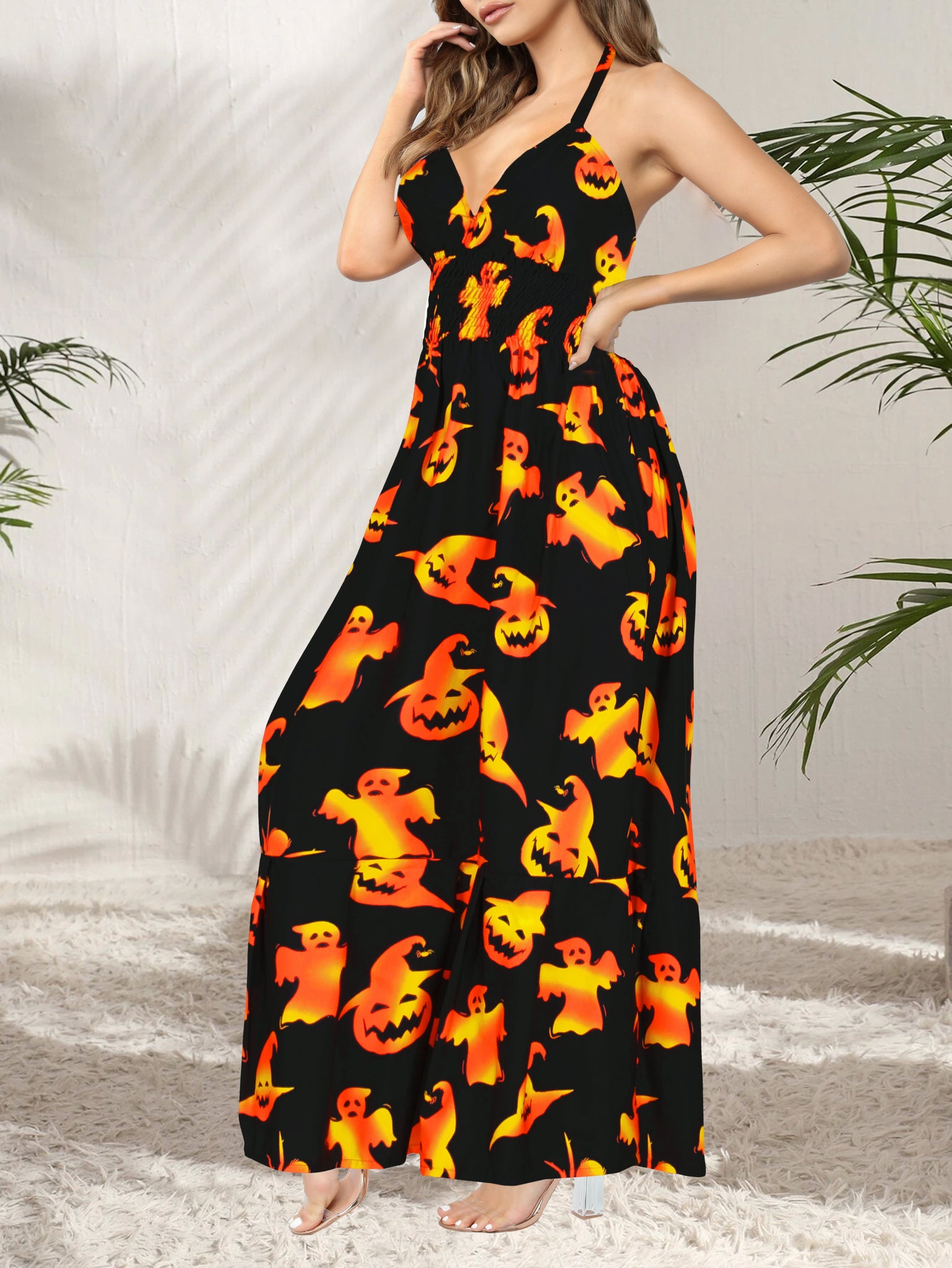 La Leela Women's Halloween Halter Neck Scary Pumpkin and Witch Hat Print Black Color Long Flowy Dress La Leela Women's Halloween Halter Neck Scary Pumpkin and Witch Hat Print Black Color Long Flowy Dress