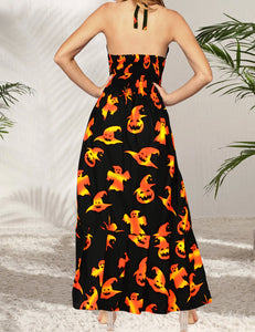 La Leela Women's Halloween Halter Neck Scary Pumpkin and Witch Hat Print Black Color Long Flowy Dress